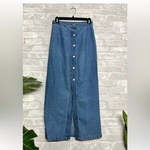 KINGTAKE - midi denim skirt buttons down - tailored jean skirt - waist 27” 90s
